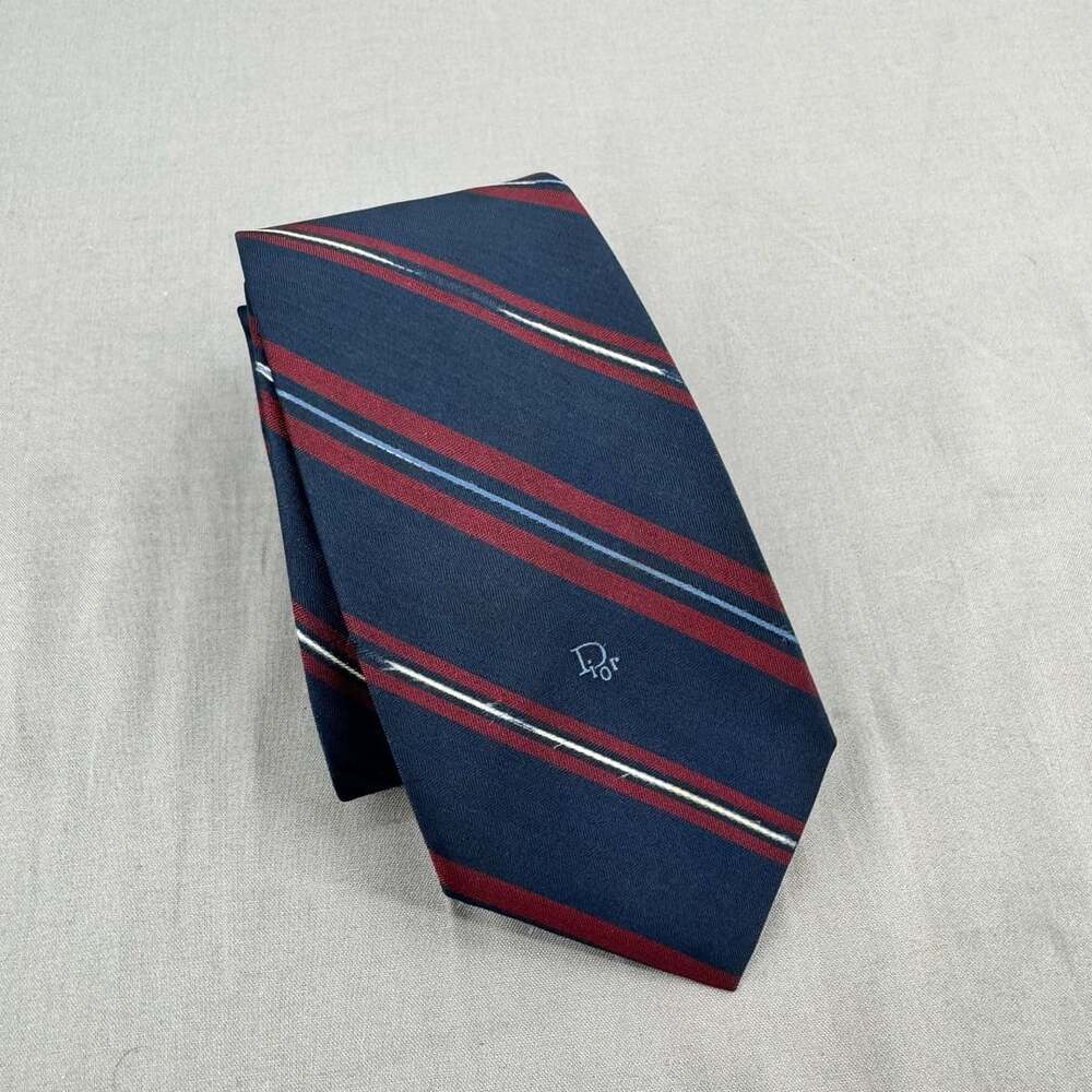 Vintage Christian Dior Silk Tie Navy Red Striped Logo